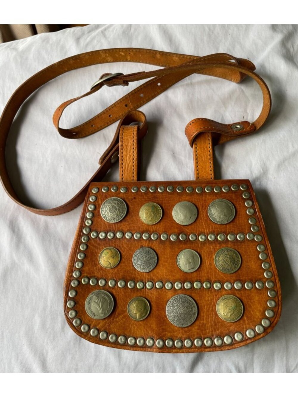 Vintage Moroccan Berber Leather Guerrab Bag Coin Studded Water Carrier 6x8